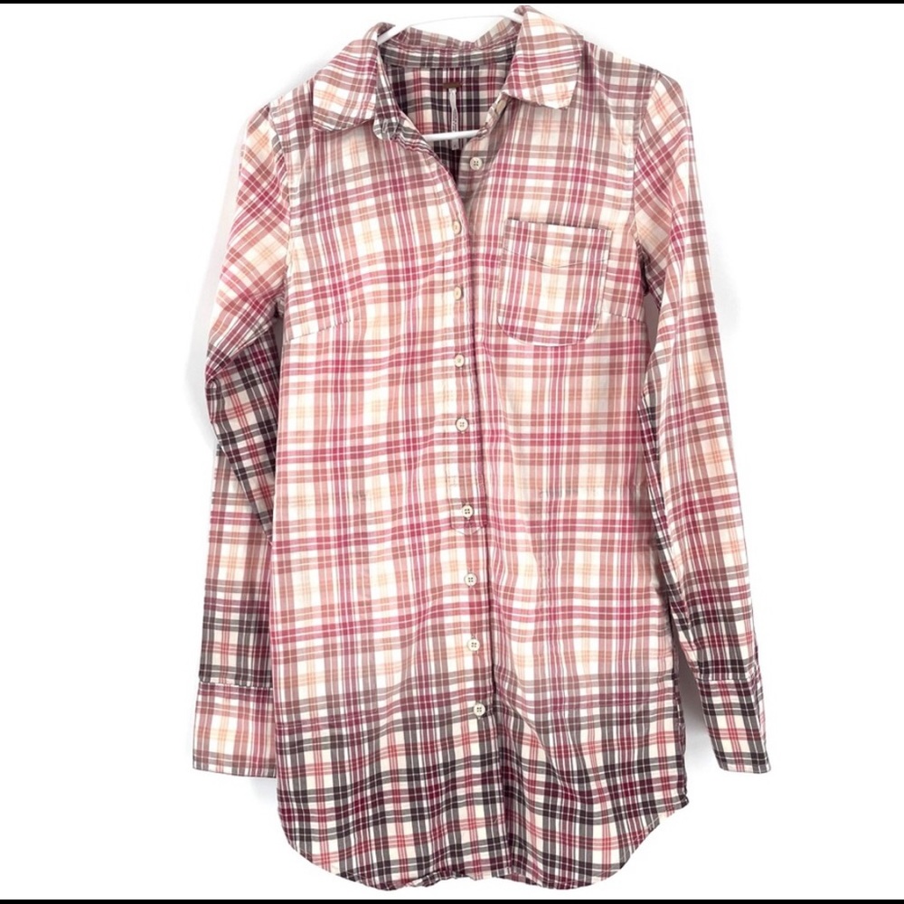 Free People Button Down Camp Plaid Bleached Multicolor Shirt Dress Tunic